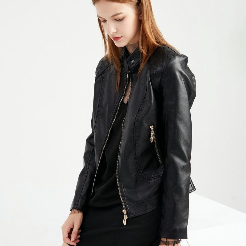 Women Faux Leather Biker Jacket Ladies Stand Collar Zip Coat Outwear