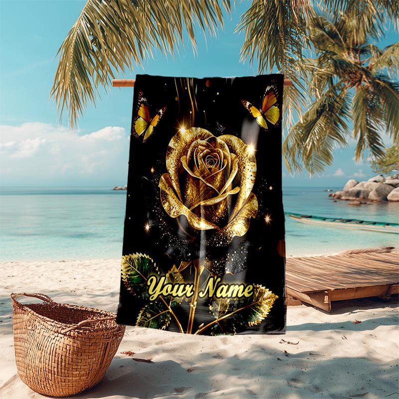 1PC Custom Name Golden Rose Elegance Beach Towel Highly Absorbent And Sand-Resistant Towel for Swimming, Pool, Yoga, And Travel Lightweight