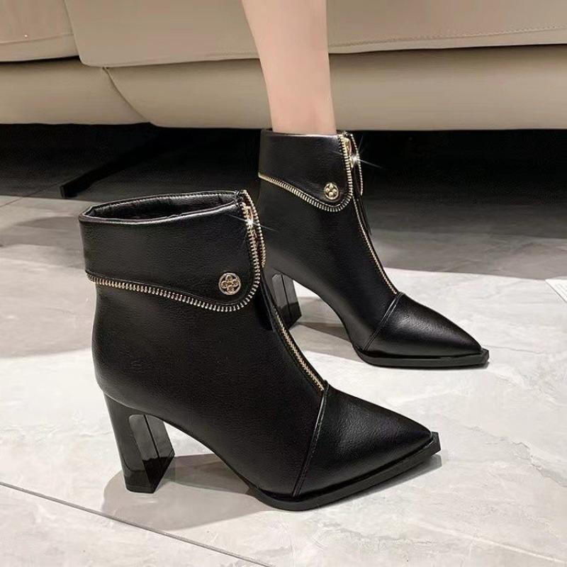 Herbst und Winter neue Temperament Damenstiefel mit hohen Absätzen dicker Absatz keine müden Füße Reißverschluss vorne spitze Martin-Stiefel Damen
