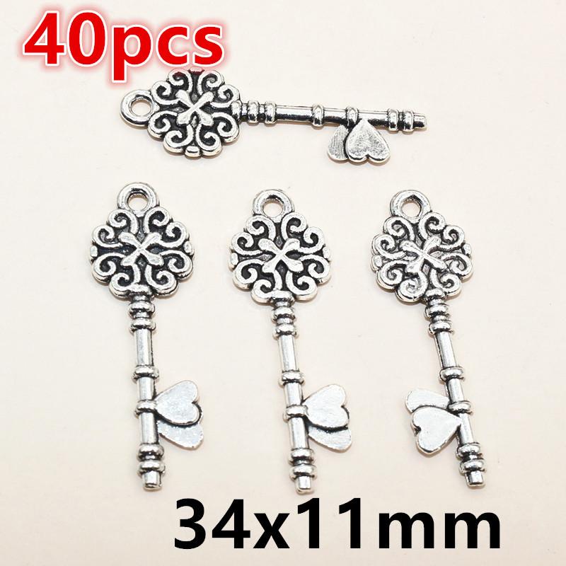40pcs Key Charms Pendants Antique Bronze plated  Metal Retro Slower Heart Keys Charm DIY Jewelry Making Accessories Necklace
