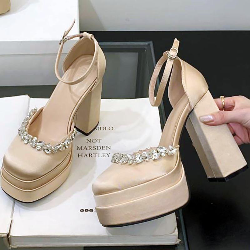Luxury Crystal Design Chunky Platform Sandals Women Sexy Round Toe Super High Heeled Fashion Satin Ankle Strap Prom Pumps Female