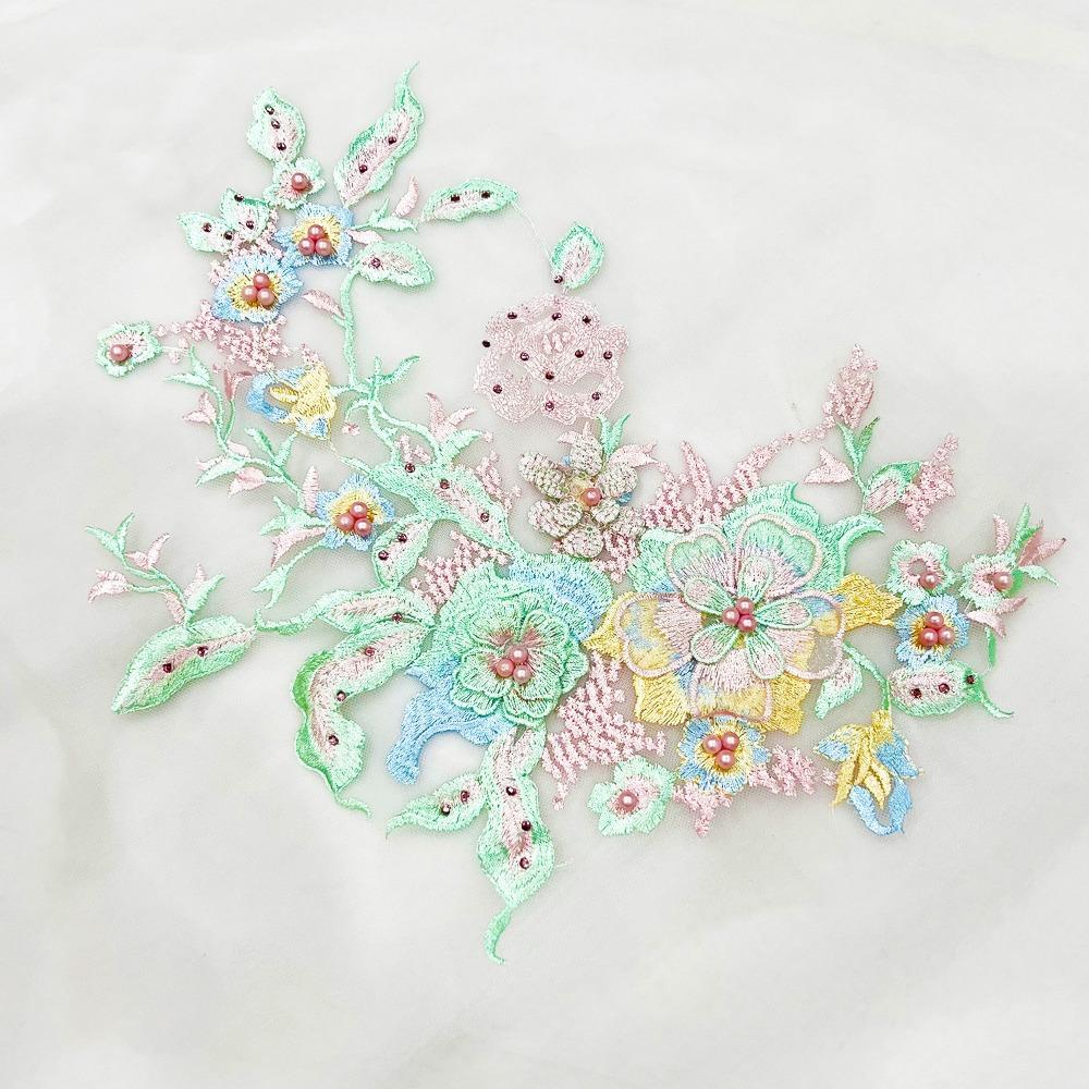 Colorful Sequined Sewing On Patches Flower Lace Beaded Lace Applique  Bridal Dress