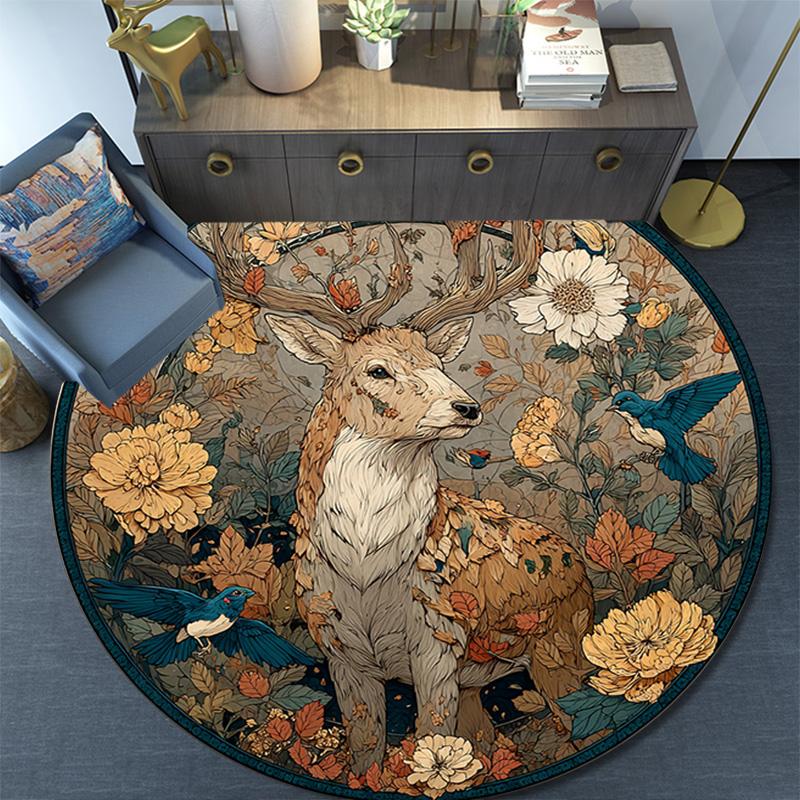 Deer in the Garden Round Area Rug,Carpet Rug for Living Room Bedroom Sofa Playroom Decor,Non-slip Floor Mat