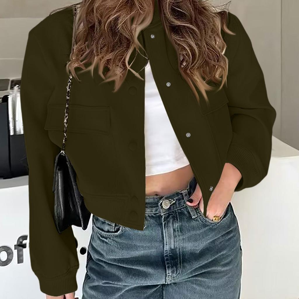 Dame Løs Komfortabel Casual Moteabel Ensfarget Langermet Jakke med Glidelåslomme