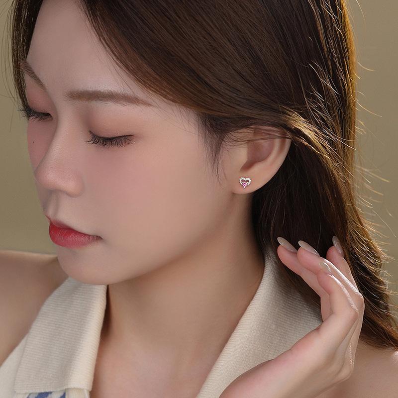 925 Silver Jewelry Pink Crystal Sweet Love Heart Stud Earrings for Women Wedding Party Jewelry For Girls Friend Gift