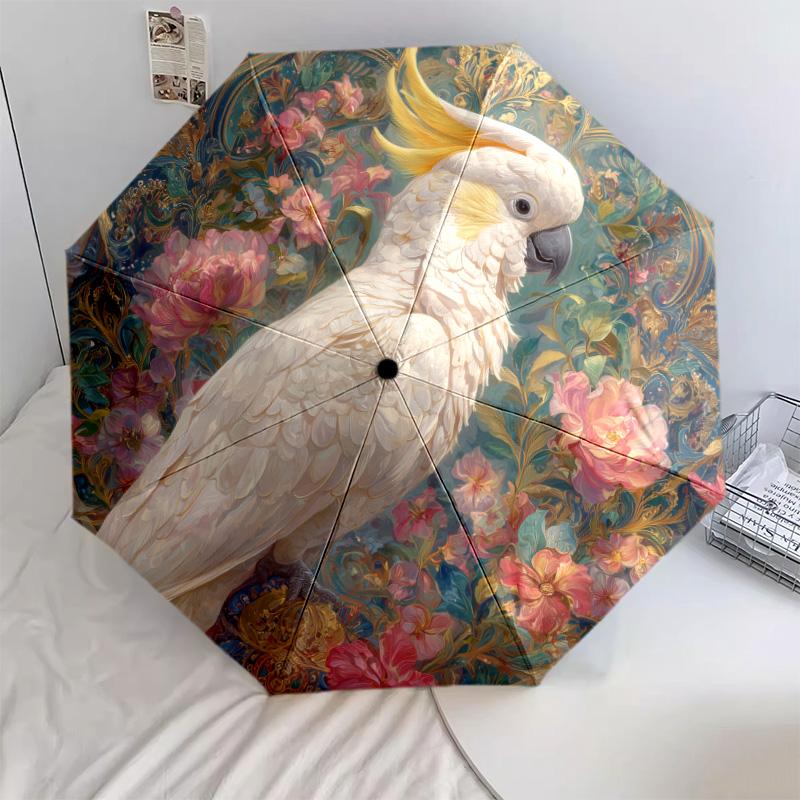 Flower Parrot Pattern, Automatic Folding Umbrella, Portable and Foldable Design, 8 Ribs, a Christmas or Birthday Gift.