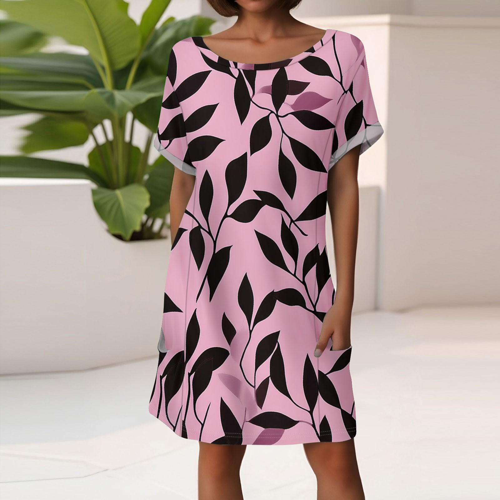 

Women s Fashion Short Sleeve Dress With Pockets Floral Print Casual Beach Dress XL рожевий