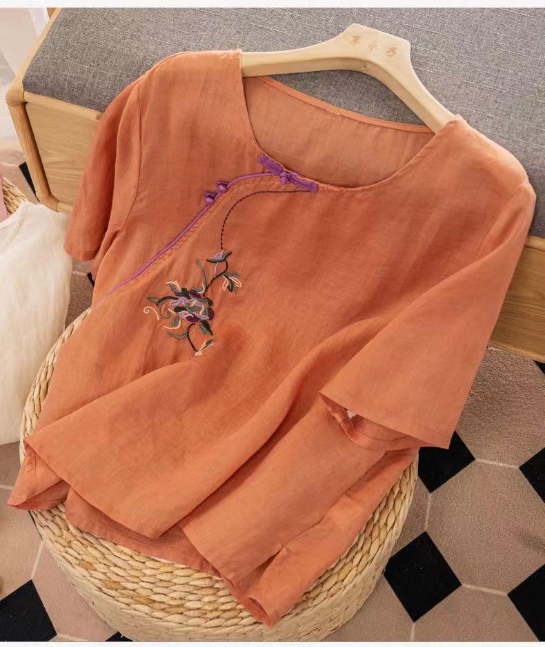 Women's 2024 Summer Cotton Linen Retro Embroidered Blouse with Frog Button and Diagonal Placket