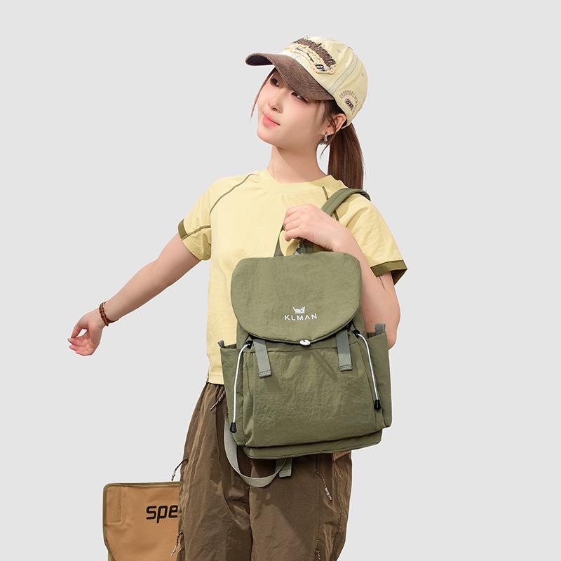Solid Black Flap Backpack with Drawstring Closure Side Pockets Adjustable Straps Casual Travel Daypack