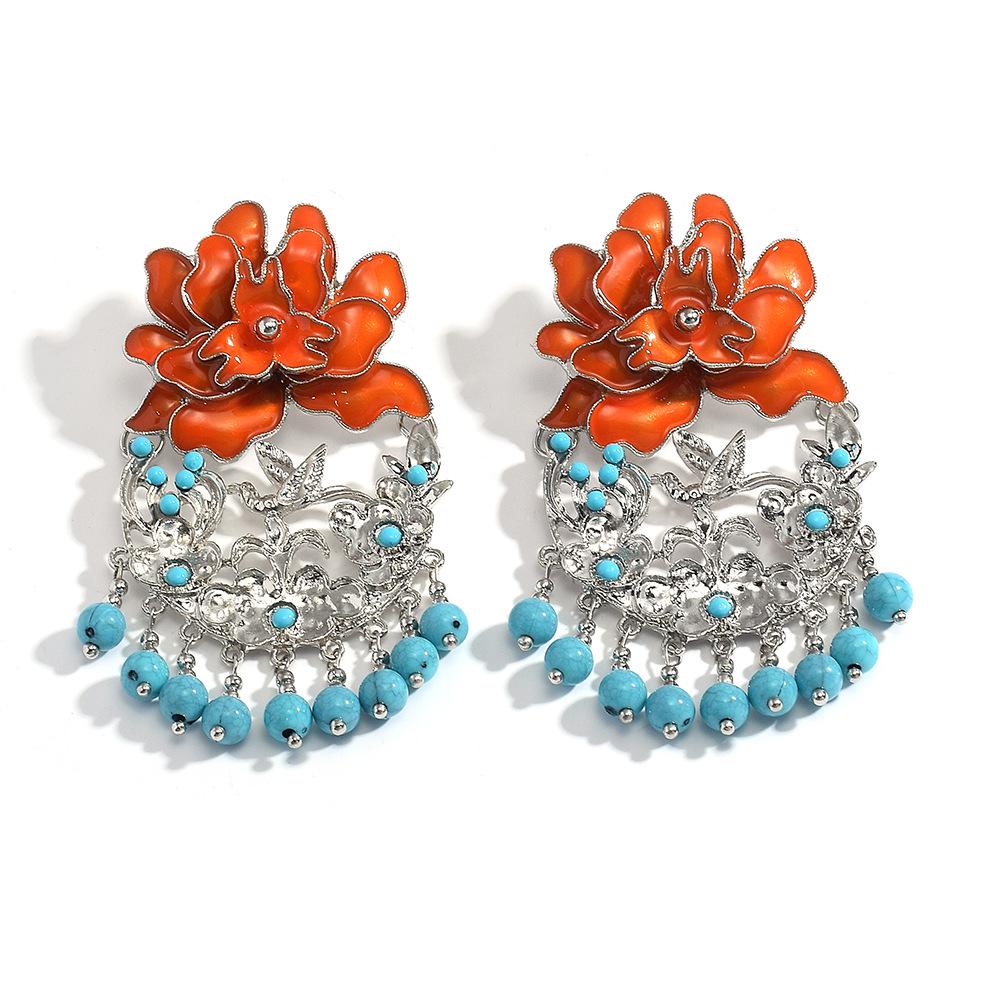 Chinese Peony Tassel Earrings with Turquoise Beads and Color Contrast Drip Oil - Ethnic Style
