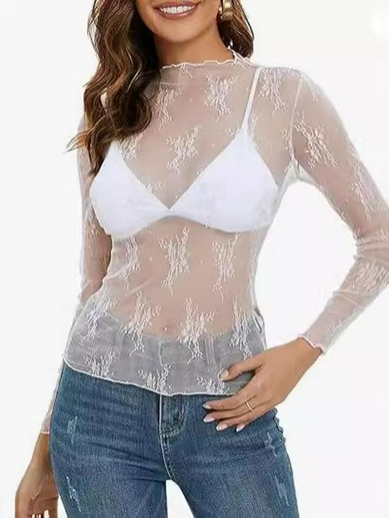 Women's Mesh Lace Layered Stand Collar See-through Top.