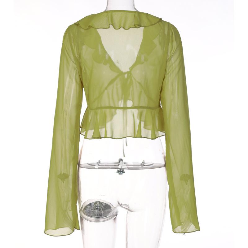 Dámské letní halenky Ležérní dámské topy Dámská zelená šifonová košile halenka Chemise Femme Blusas Dlouhý rukáv Crop top Dámský