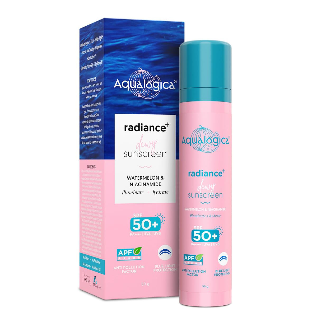 Aqualogica Radiance+ Dewy Sunscreen SPF 50 PA++++ Lightweight No White Cast Daily UV Protection For Oily Skin 50 g