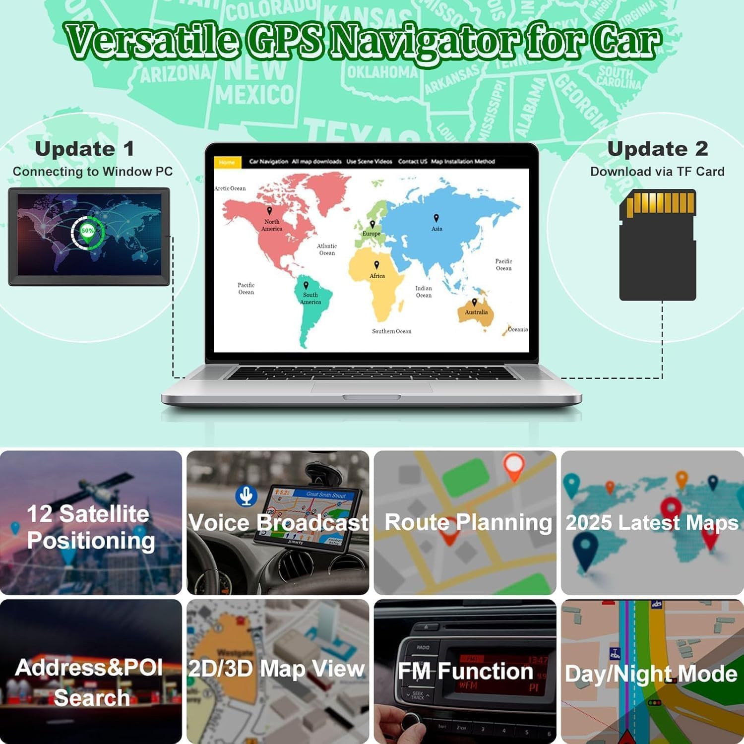 

9 GPS Navigator for Car Truck RV, 2025 Map, Voice Navigation, Speed & Red Light Warning, FM 7 inch