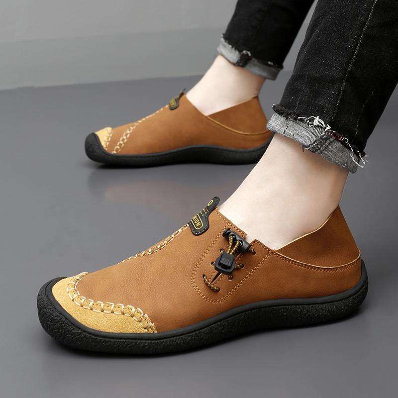 Men Handmade Leather Shoes Black Casual Hiking Shoes Outdoor Grey Walking Driving Shoes Over Sized Brown Slip On