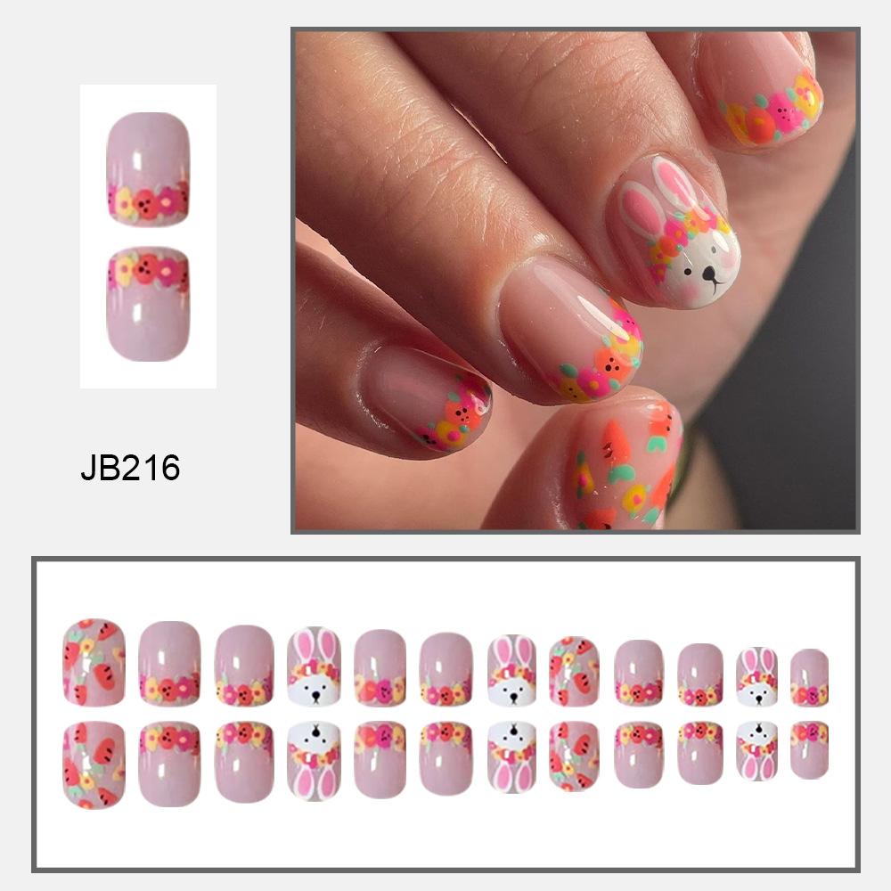 24pcs Press On Nails Short Square Nail Garland Cute Pink Rabbit Carrot Cross-Border Nail Art Wearable Nails Removable Nail Art