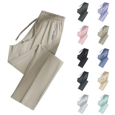 Calça feminina casual cor sólida elástica cintura reta casual com bolsos