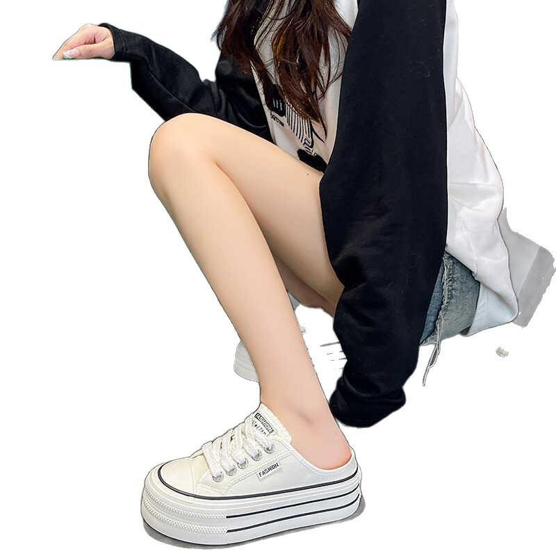 Thick-soled Bag Head Half Slippers Women's Summer Wear 2025 New Heelless Versatile Breathable Mesh Lazy Little White Shoes