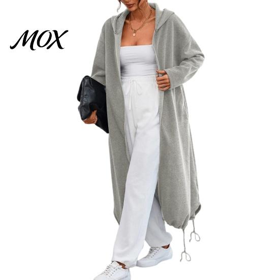 Women Outdoor Coats Long Hooded Jacket for Fall Winter, Loose Oversized Casual Autumn Zip-Up Outerwear Coat, Solid Color Tunic Hoodie Top with Pockets