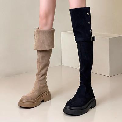 Popular Retro 2025 Autumn and Winter Trend Two Wear Folded Platform Western Boots Thick Heel Knee Boots Knight Boots