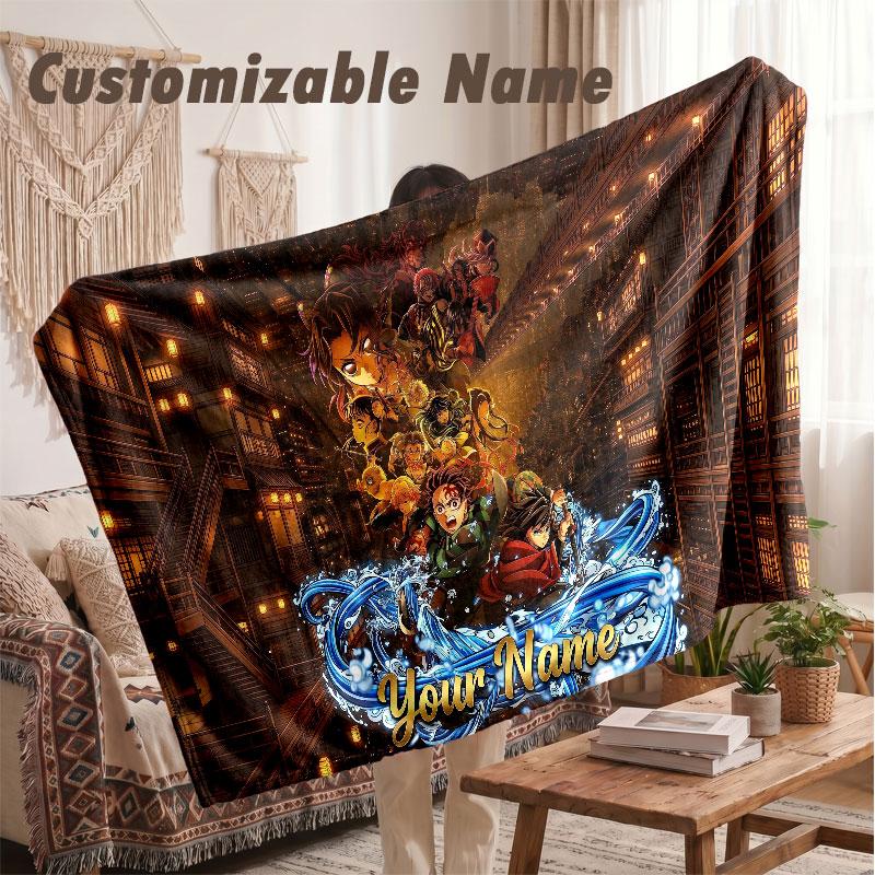 Custom Name Flannel Blanket,Demon Slayer Lightweight Warm Bed Blanket For Couch & Holiday Gift