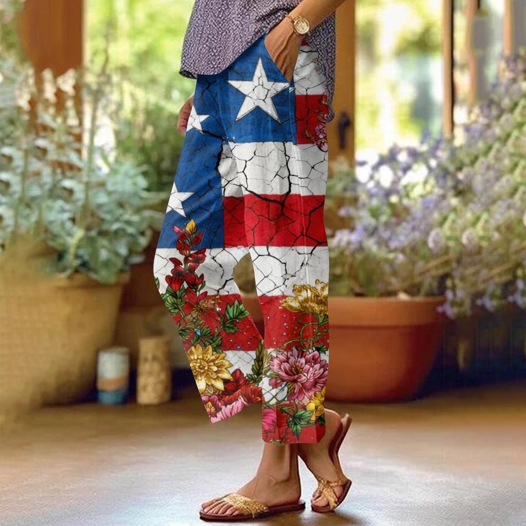 Dámské ležérní módní potištěné kalhoty s rovnými nohavicemi s kapsami