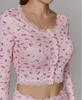 Women's Floral Print Round Neck Tight Long-sleeved Top Shorts Pajama Set