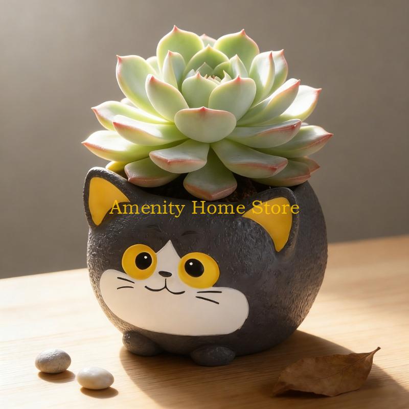 

F26C Resin Black Cats Flower Holder Vase For Cactus Succulents Arrangements Planter Home Office Decoration With Drain Hole CN