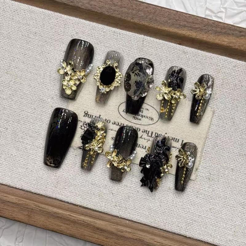 Handmade Cat Eye Nail Tips 2026 Mid-Length Acrylic Press-On Nails Women Girls With Cross Tulip Strawberry Floral Bow Starry