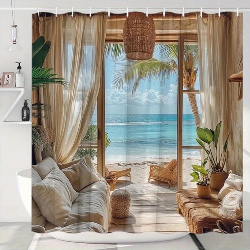 

Beach Hut Paradise Shower Curtain- Multi-Style Bath Decor, Perfect For Those Who Love Coastal-Inspired And Practical Designs W60H190(CM)-1 Pcs