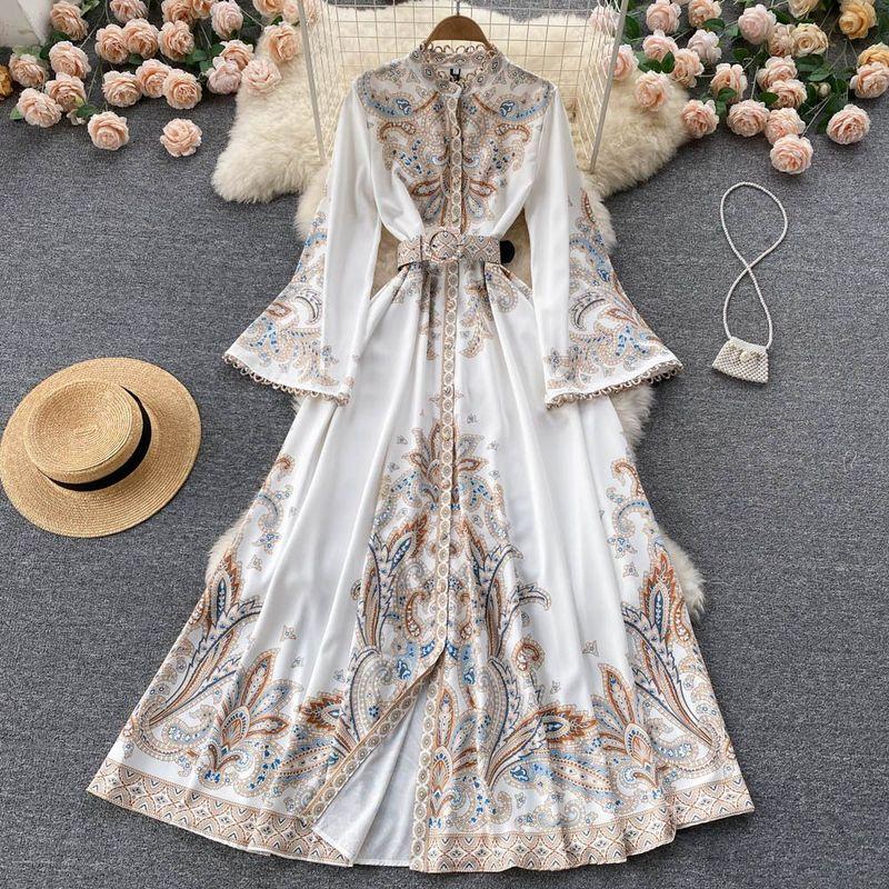 

Retro Trumpet Sleeve Ins Wide Hem Printed Dress White XL