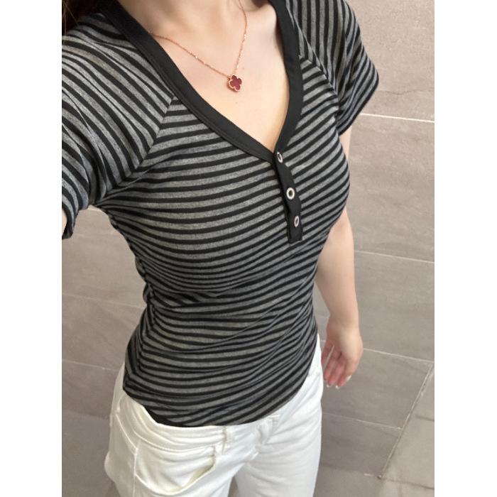 Korean-style Striped V-neck, Shoulder-length Short-sleeved T-shirt for Women, Summer Slimming and Waist-cinching Short Hot Girl Top