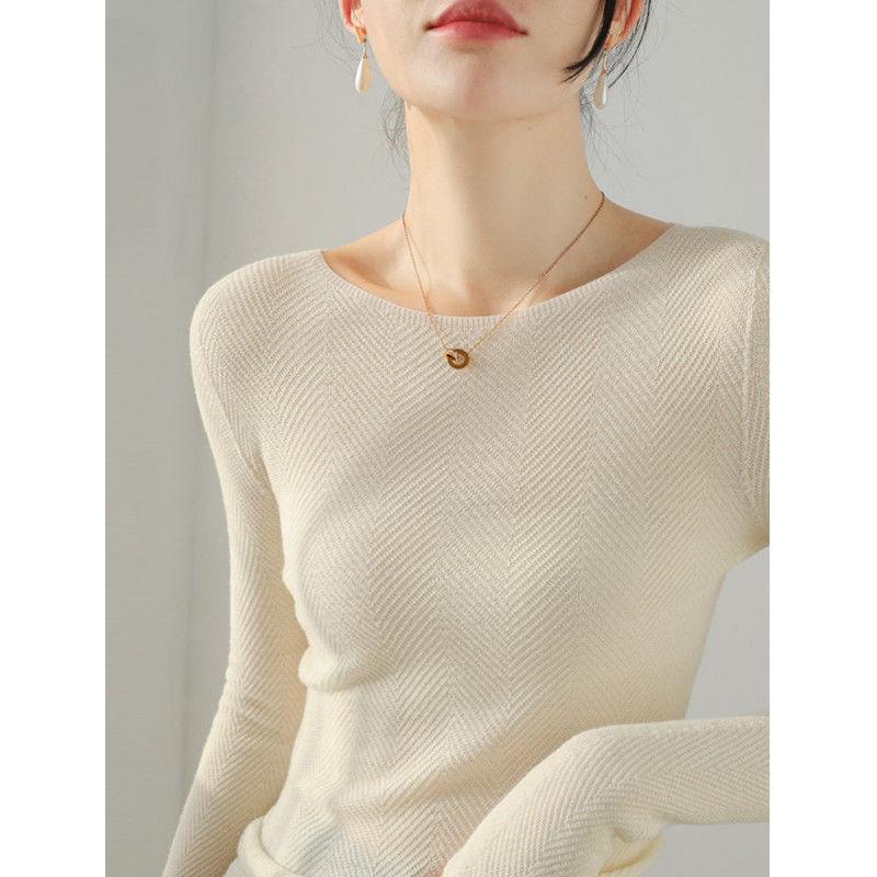 Gray round Neck Long Sleeve Knitted Sweater Women's Autumn and Winter Texture Slim Bottom Sweater