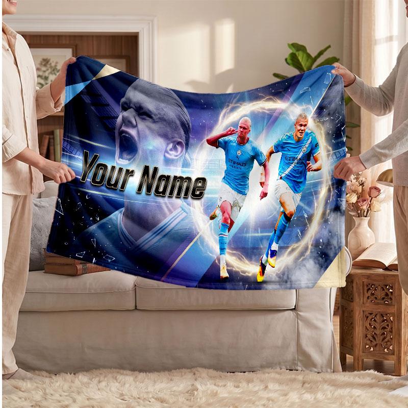 Erling Haaland Personalized Fleece Blanket With Football Logo, Custom Name Text Soft Warm Home Throw Blanket