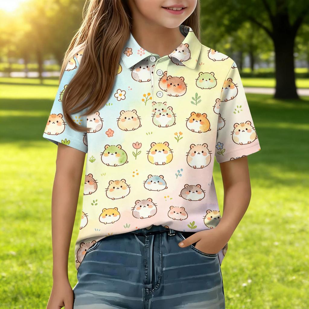 Kids Casual Short Sleeve Polo Shirt Animal Pattern Printed Lightweight Comfortable Breathable Tee Top for Everyday Wear