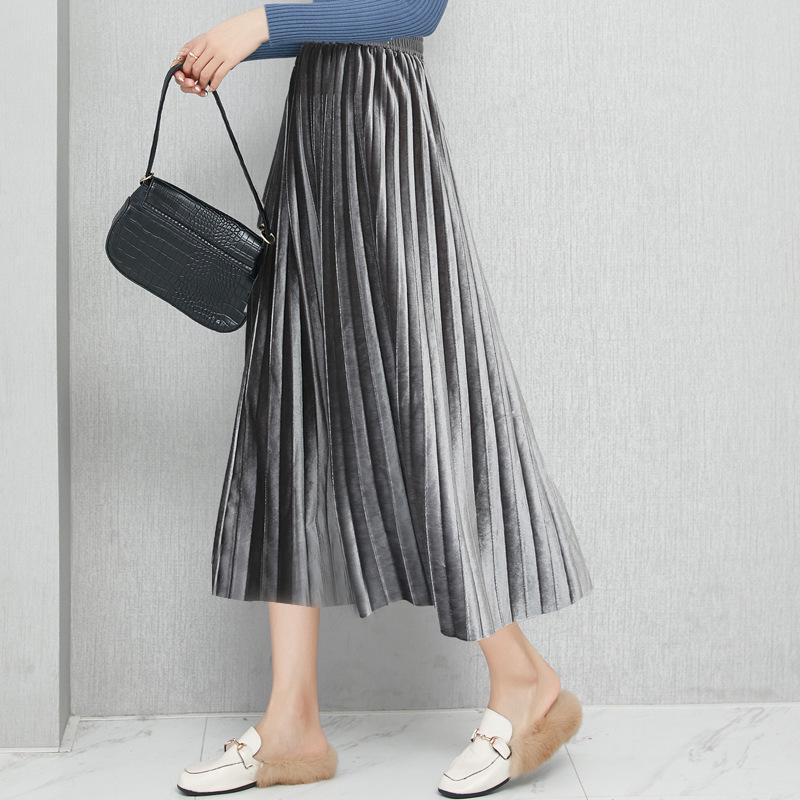 Women's High-Waisted Gold Velvet Pleated A-Line Long Skirt