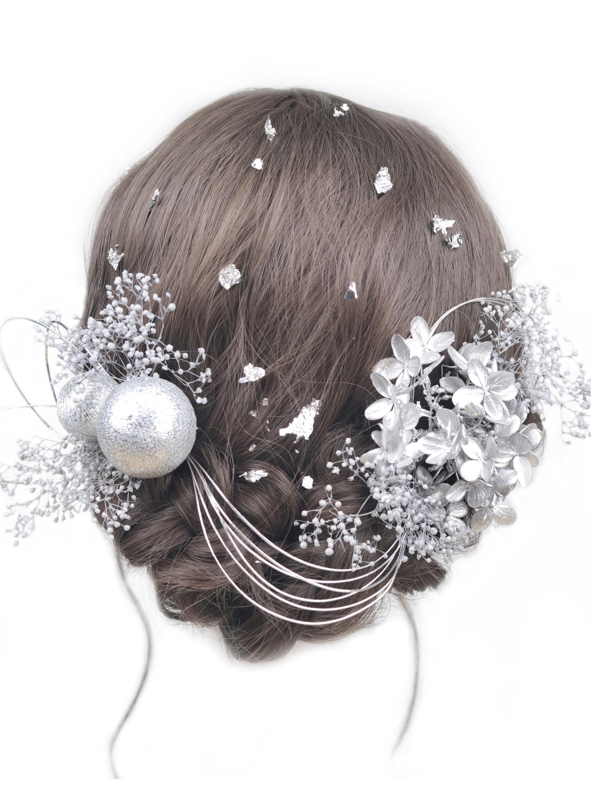 

[Handmade by NANA] Hair Ornament - Gold & Silver - Hydrangea, Baby s Breath, Solar Rose, Japanese Ball, Mizuhiki Cord, Gold Leaf - Cute - Perfect for