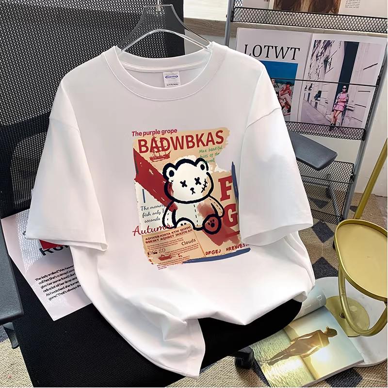 Trendy Women's Cartoon Print Round Neck Short Sleeve T-shirt - 2026 Summer Loose Korean Style Casual Top