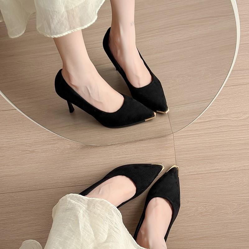New Fashion Women's Shoes Sexy Black High Heels Sharp Pointed Suede Pumps Elegant Shallow Mouth Etiquette Shoes Mujer Zapatos