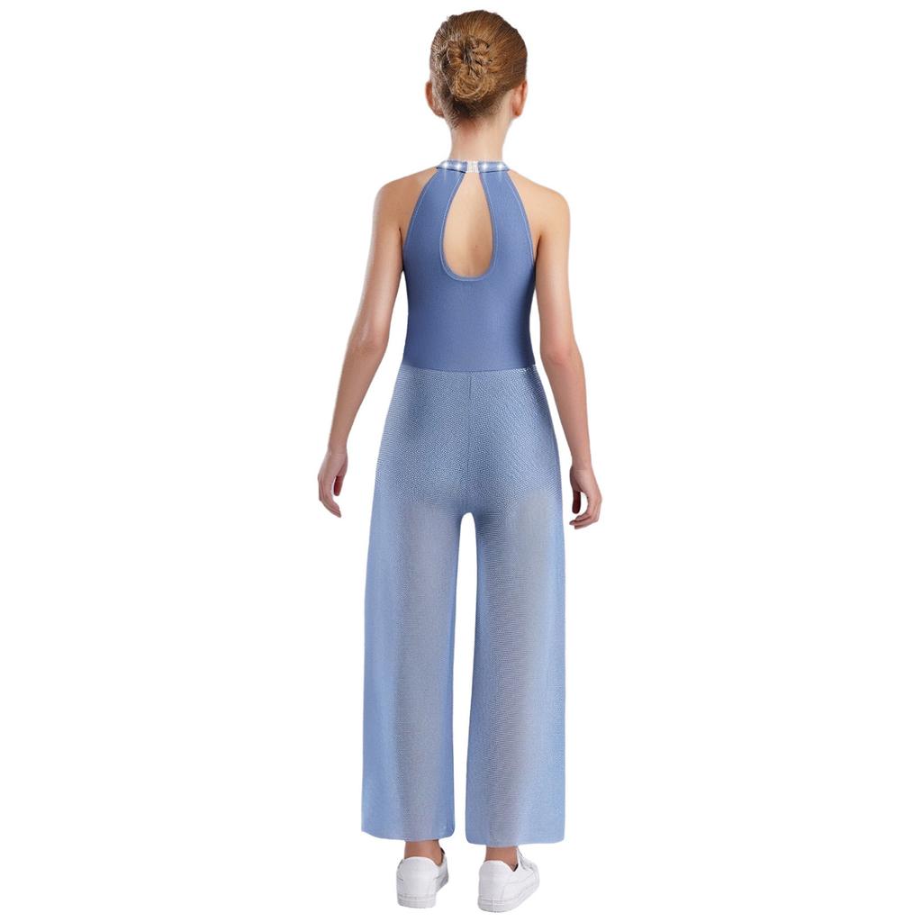 Girls Rhinestone Dance Bodysuit - Shimmery Sleeveless Jumpsuit with Keyhole Back & Side Splits, Built-in Briefs for Performances