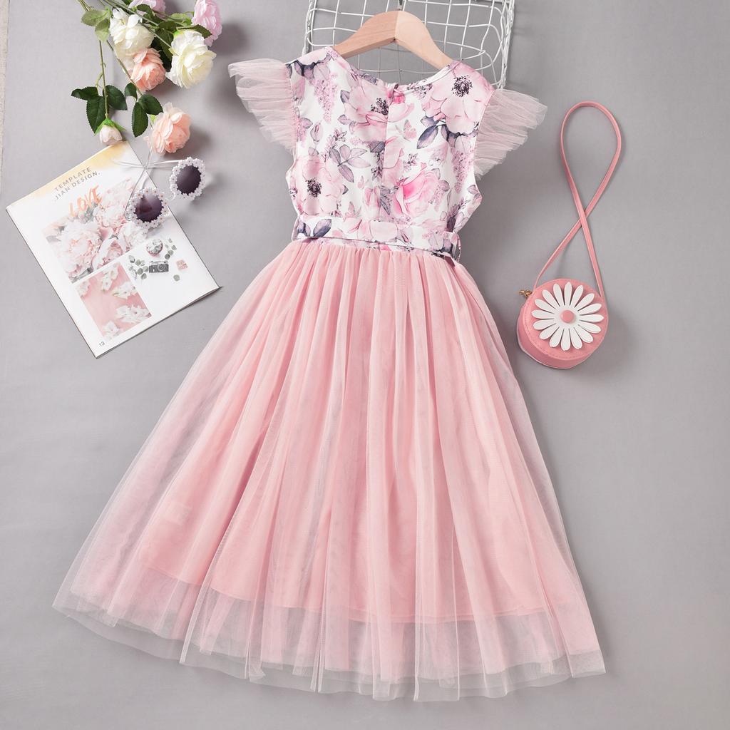 Girls Dress 2023 Summer Korean Kids Floral Mesh Splicing Dress Children's Clothing