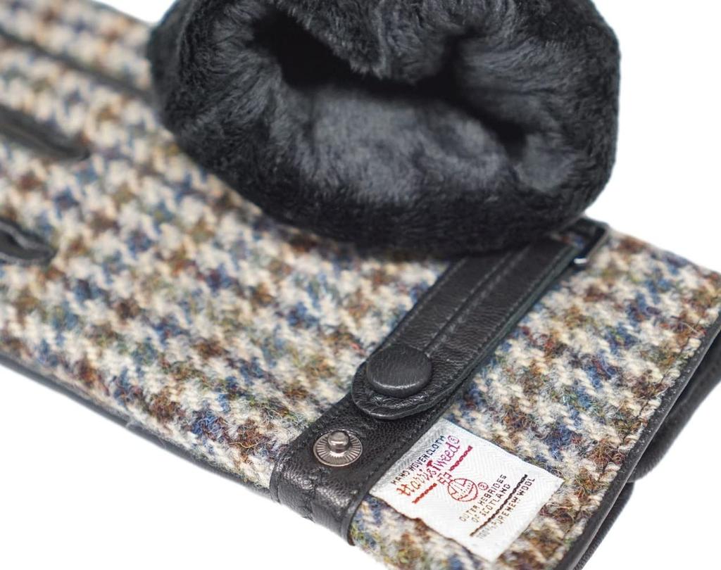 Smartphone Compatible Harris Tweed Leather Combination Brushed Case Gray Houndstooth Belt [Sleeping Sheep] Men's Gloves, Lining, 24cm, Included,