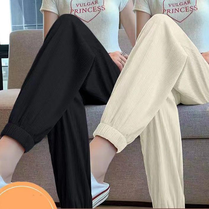 Women's Spring and Summer Solid Colour Drawstring Elastic Waist Ice Silk Casual Sweatpants Two Casual Lantern Trousers