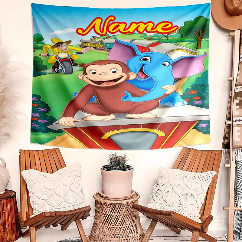 Personalized Curious George Background Tapestry,Custom Name Birthday Party,Multifunctional Wall Decoration for Home Decor,Various Occasions