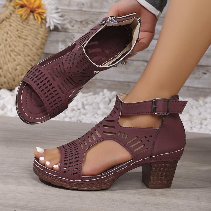Roman Style Women'S Sandals Breathable And Stylish Hollow Out Fish Mouth Open Toe Ankle Strap Wedges Sandals For Outerwear