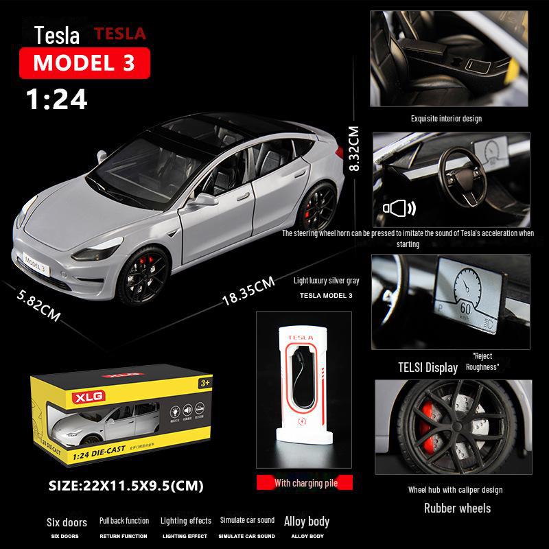 1:24 Tesla Model 3 Alloy Toy Car with Sound, Light, and Openable Doors