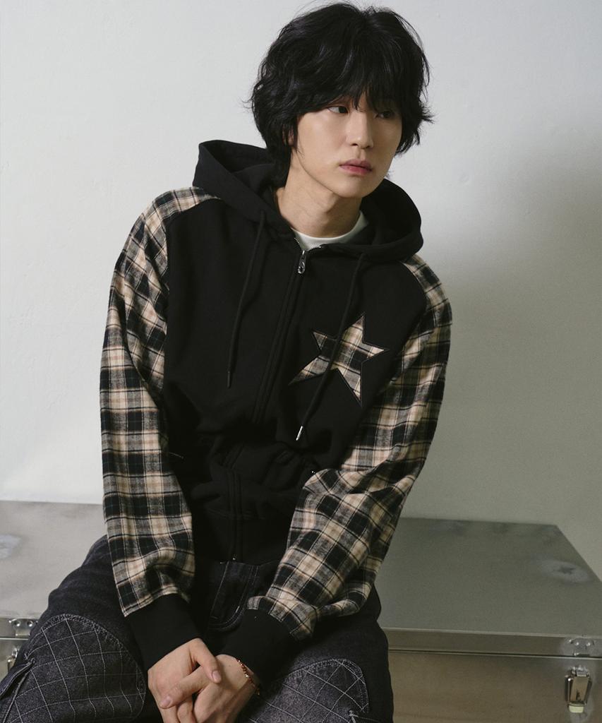 Travel Star Combination Check Hooded Zip-Up Black