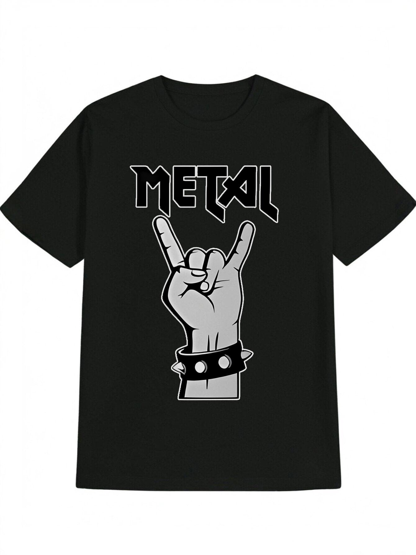 Casual Graphic T-shirt - Edgy Metal Hand Gesture & Spiked Choker Print XL