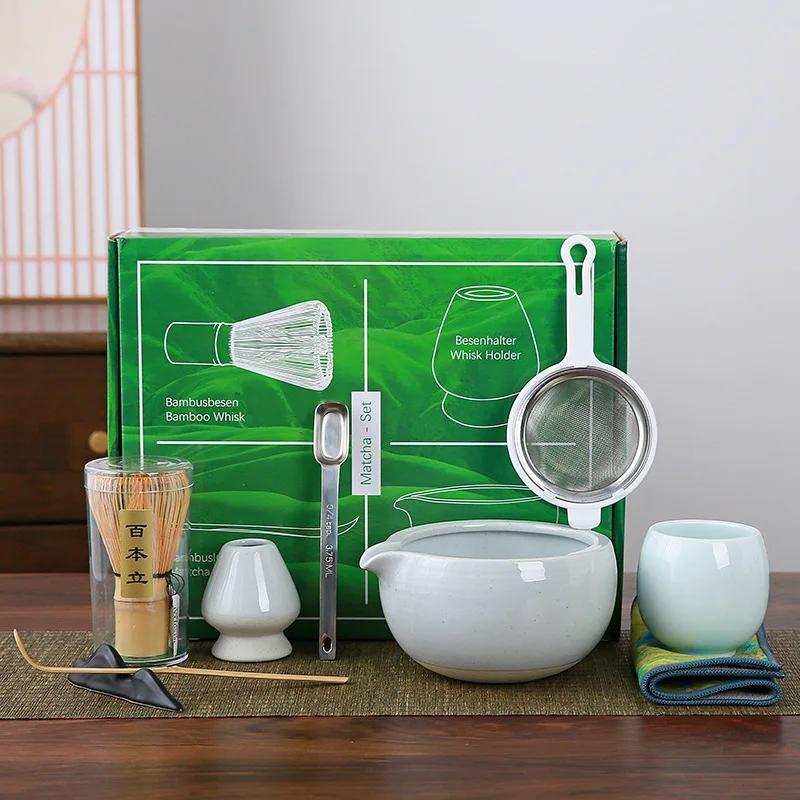 9pcs/set Japanese Ceramic Matcha Gift Box Green Tea Chasen Holder Stand Bowl Bamboo Whisk Grinder Brushes Tea Tools Holder Tea