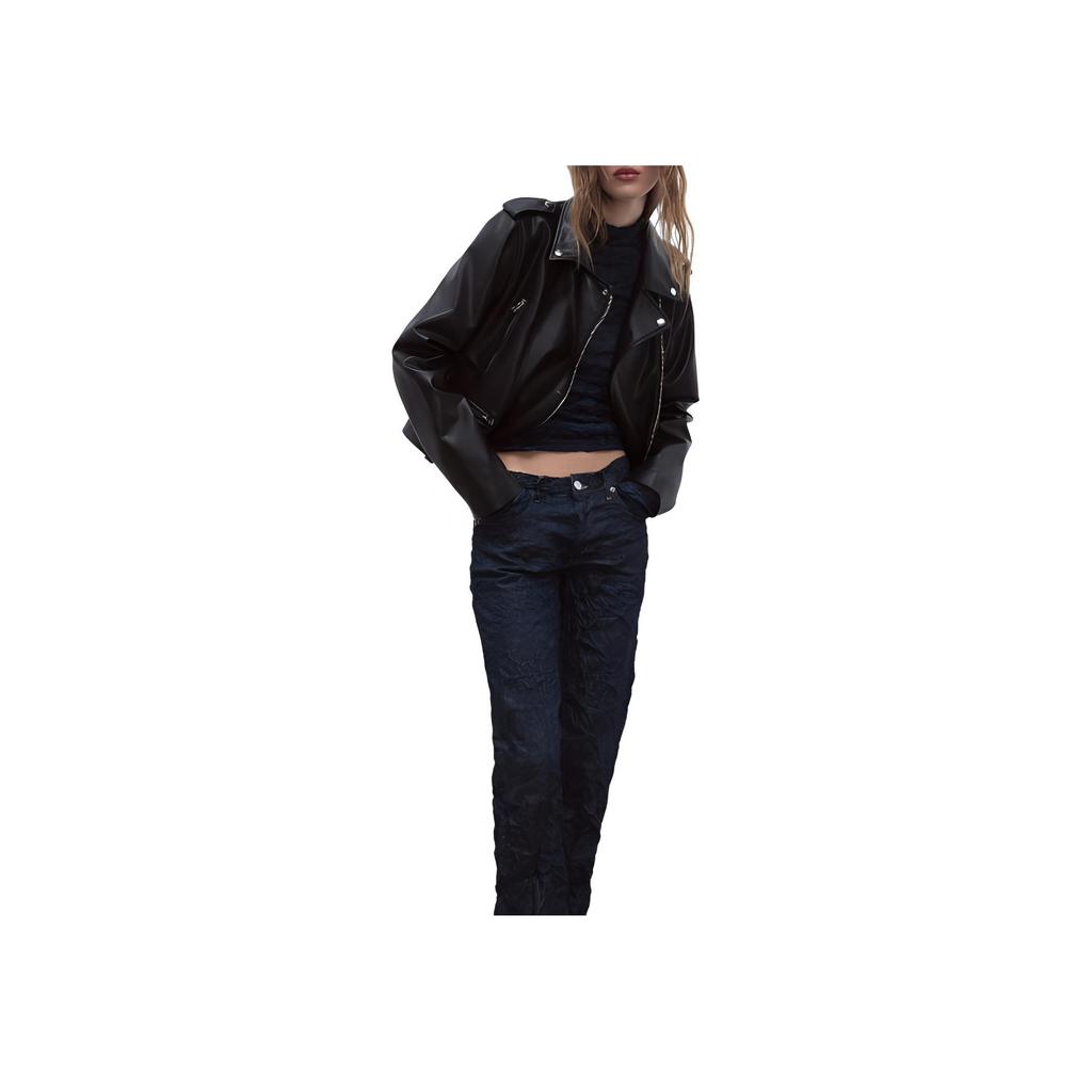 Zara Solid Color Lapel Faux Leather Motorcycle Casual Long Sleeve Jacket Women jackets Black 4341759-800